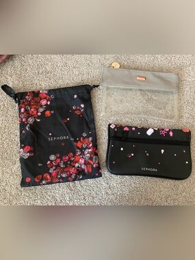 Sephora Black Cosmetic Travel Makeup 3 Bag Trio Red Pink Gem Print, Clear New